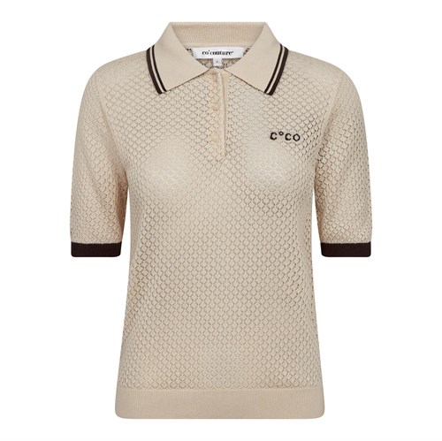 Co'Couture LueCC Pointelle Polo Strik med kort ærme, Creme